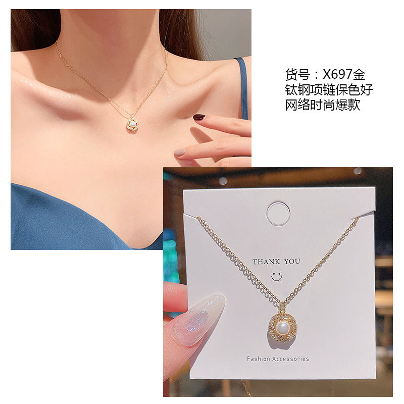 Women's series zircon imitation pearl titanium steel alloy necklace hot sale wholesale