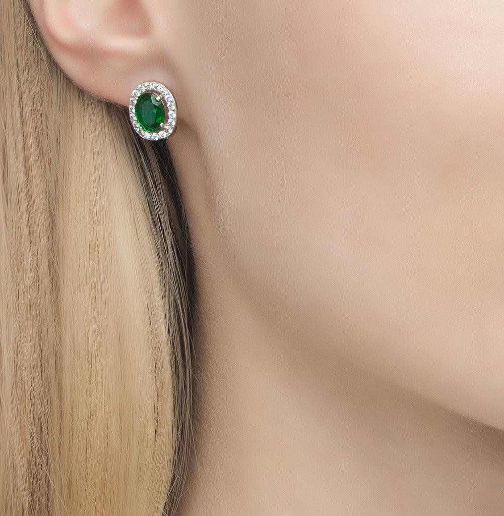 S925 sterling silver inlaid zircon earring necklace oval geometric