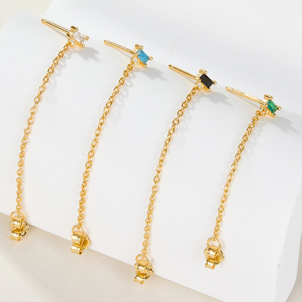 S925 sterling silver tassel earrings square zircon chain earrings