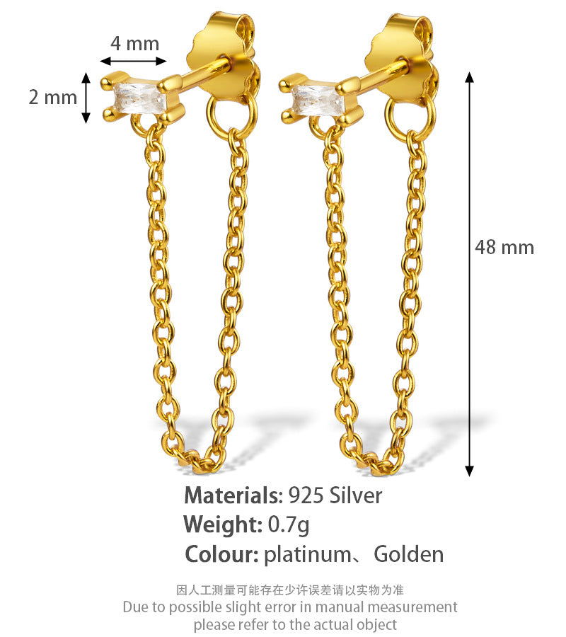 S925 sterling silver tassel earrings square zircon chain earrings