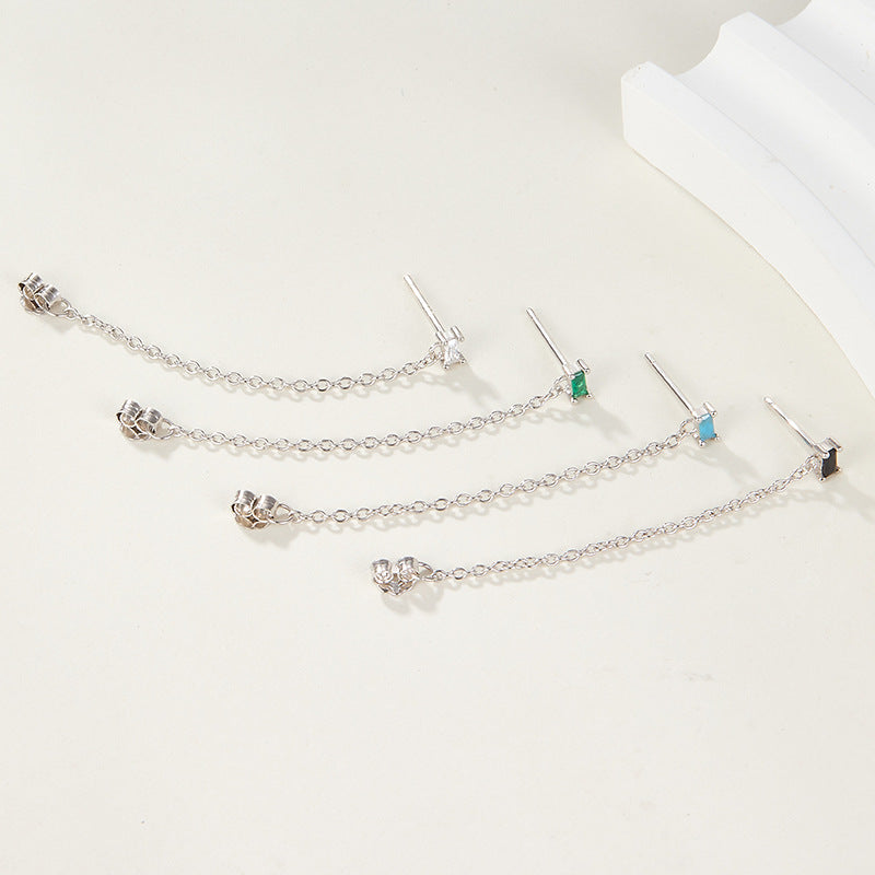 S925 sterling silver tassel earrings square zircon chain earrings