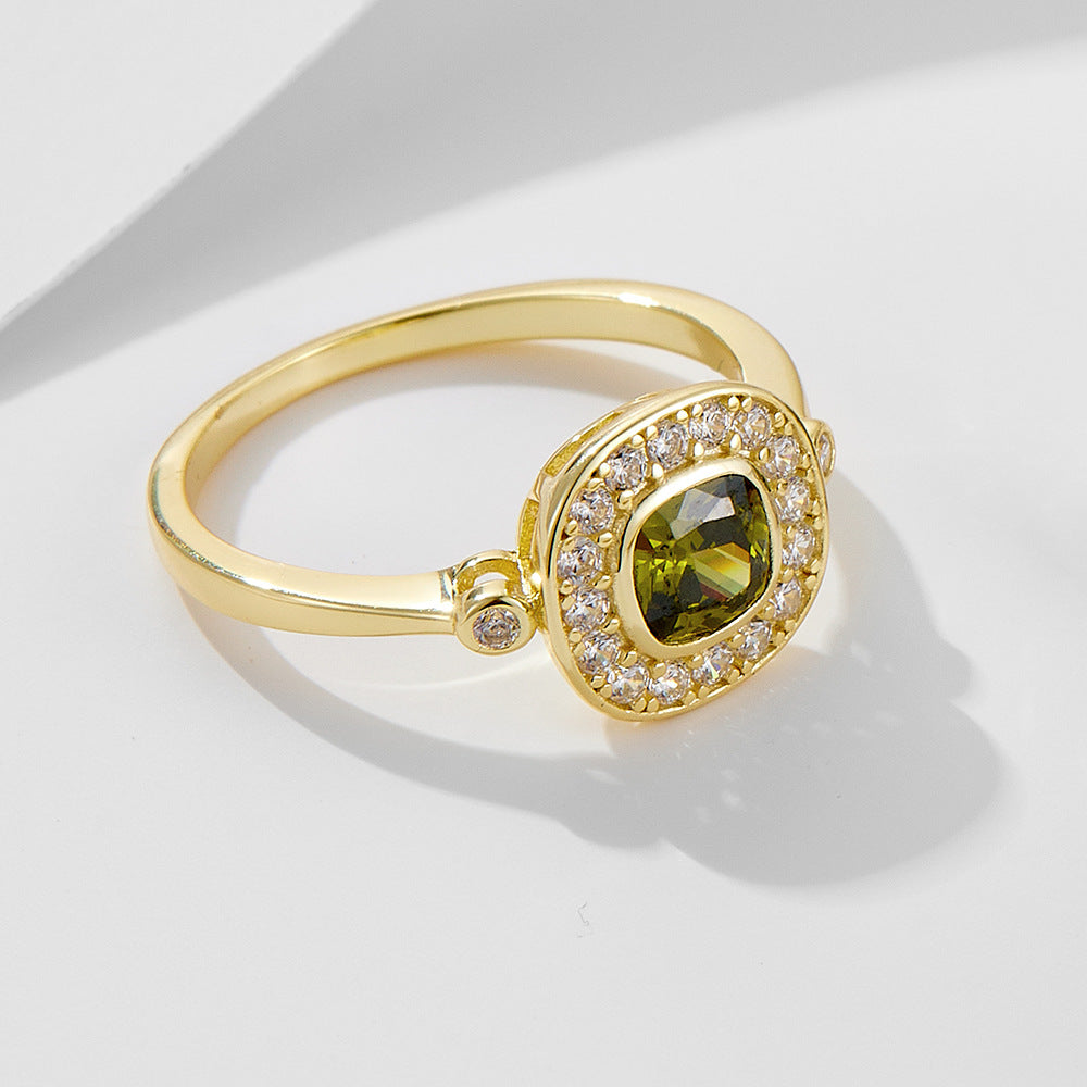925 Sterling Silver Oval Olive Green Zirconia Ring, Vintage High-End Jewelry