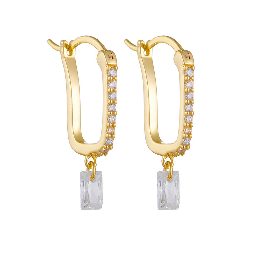 terling Silver Pave Square Zirconia U-Shaped Huggie Earrings for Women