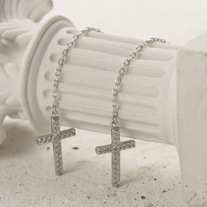 Cross Ear Threads - S925 Silver Micro Zircon Long Drop European Jewelry