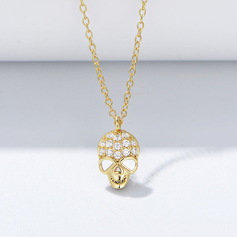 925 Sterling Silver Skull Pendant Necklace, Sparkling Zirconia Hip-Hop Jewelry