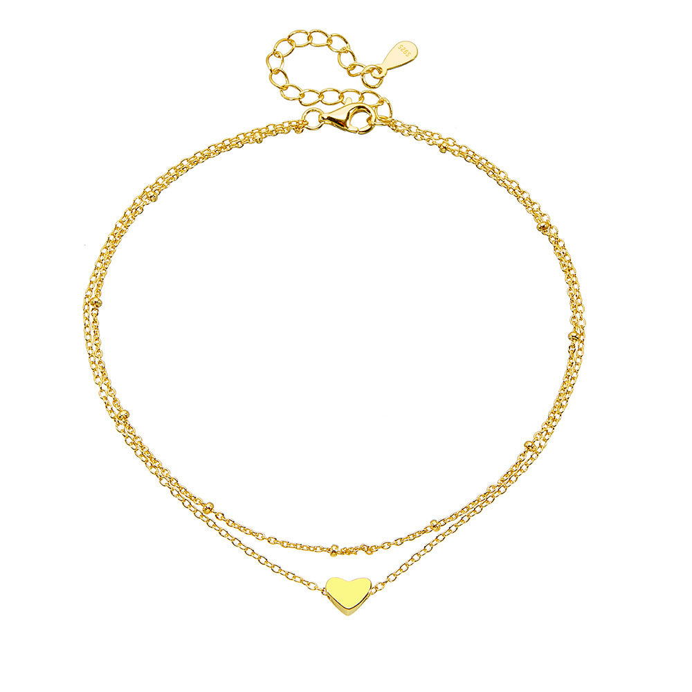 925 Sterling Silver Double Layer Heart Pendant Anklet, Gold Plated Fashion Jewelry