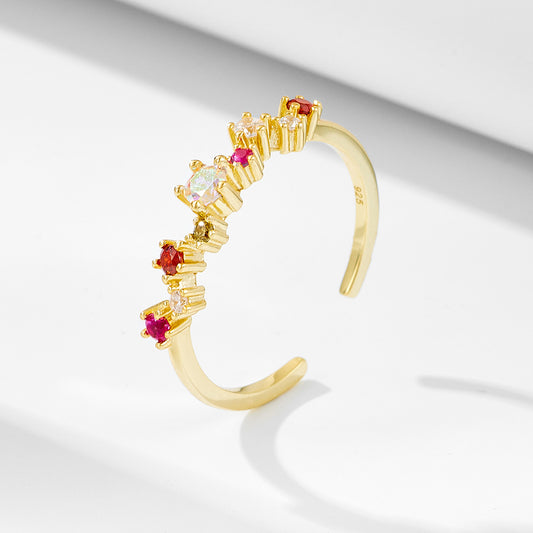 925 Sterling Silver Colorful Zirconia Open Ring, Light Luxury Romantic Ins Style Adjustable Jewelry