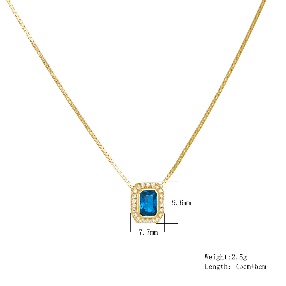 925 Sterling Silver Square Blue Zirconia Pendant Necklace, French Light Luxury High-End Jewelry