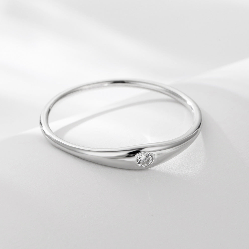 925 Sterling Silver Minimalist Single Diamond Band Ring, High-End Light Luxury Jewelry