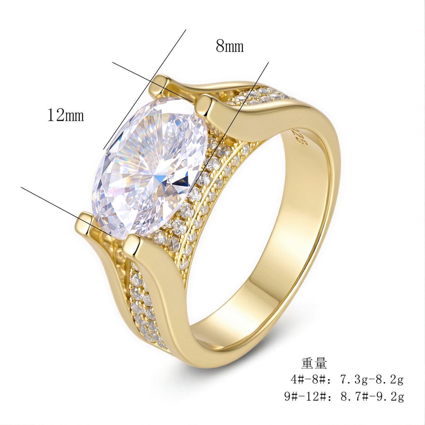 925 Sterling Silver 4.5 Carat Oval 5A Zirconia Ring, High-End Wide Band Hot Selling Jewelry