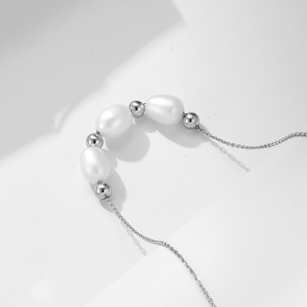 925 Sterling Silver Natural Freshwater Pearl Necklace, Elegant French Vintage Jewelry