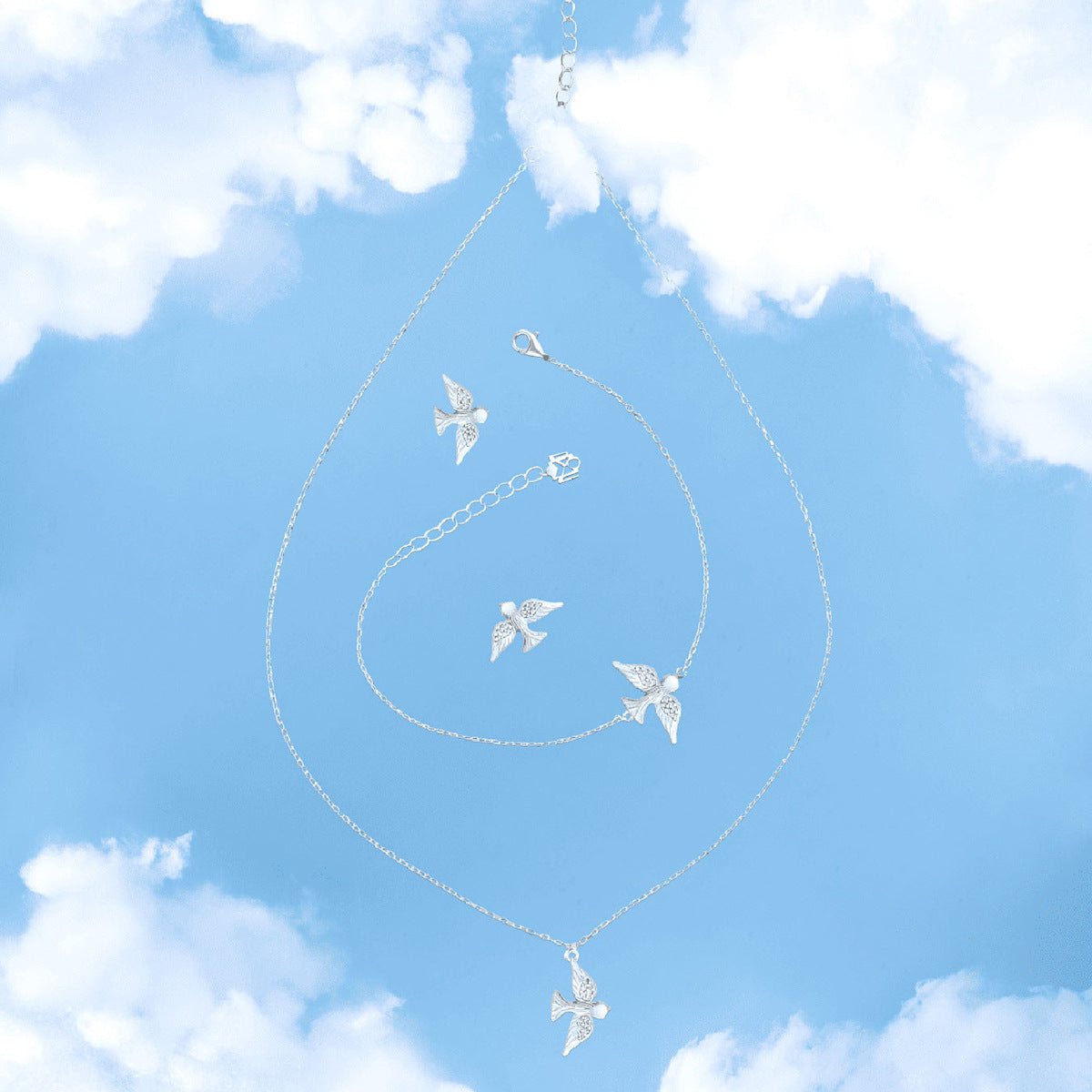 Dove Jewelry Set - 925 Sterling Silver Peace Pendant Necklace Bracelet