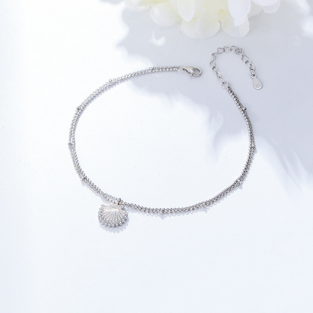 925 Sterling Silver Shell & Zirconia Anklet, Summer Beach Fashion Jewelry
