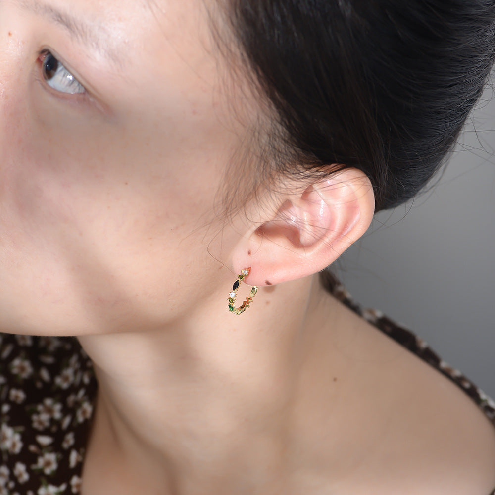 Elegant S925 Silver Rainbow C-Hoops - Chic Aesthetic Colored Zircon Earrings, Modern Luxury Geometric Studs