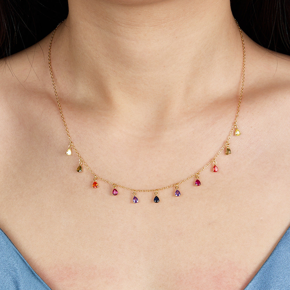 Color Zircon Teardrop Necklace - S925 Silver Trending Collarbone Chain