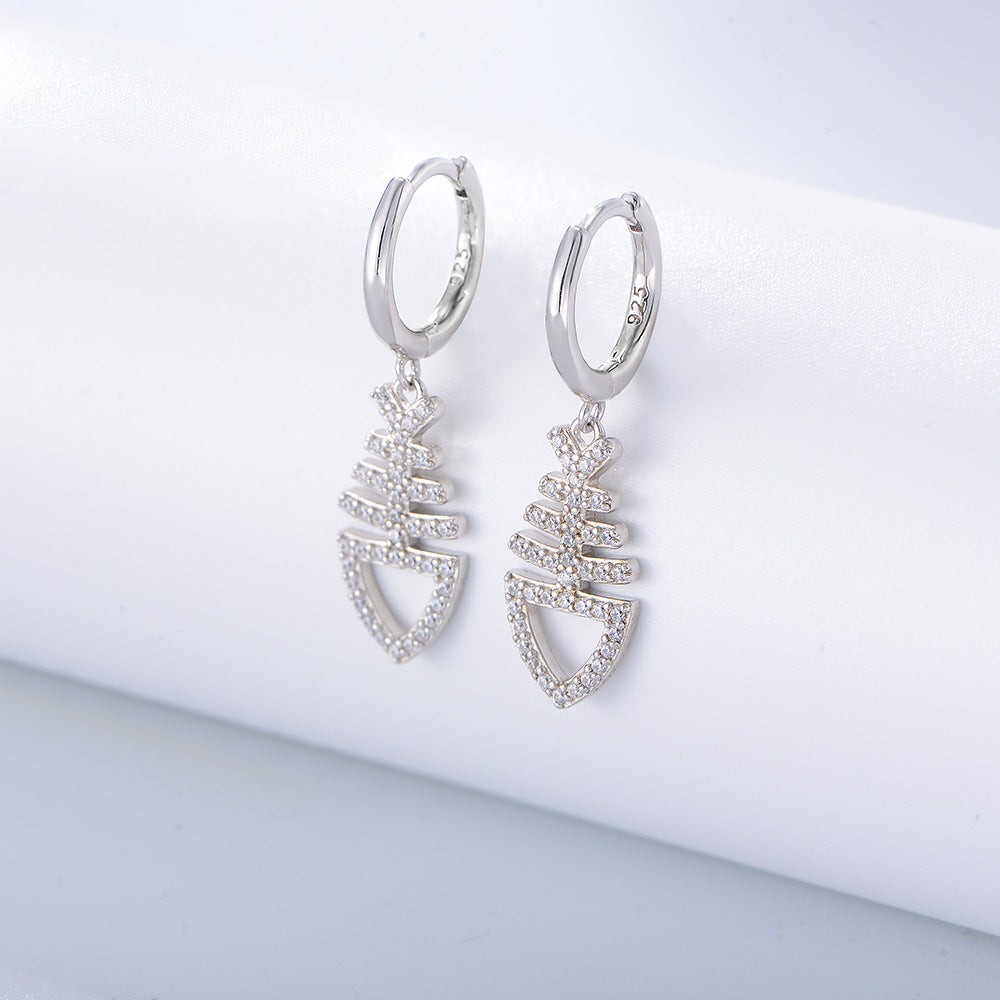 925 Sterling Silver Fish Bone Drop Earrings, Sparkling Zirconia Jewelry