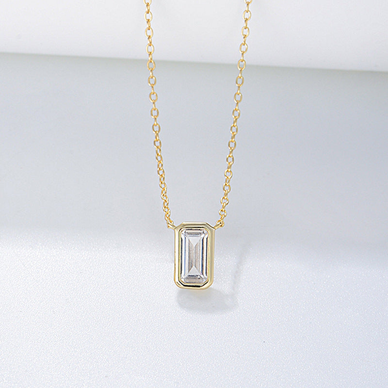 925 Sterling Silver Geometric Square Zirconia Pendant Necklace, Minimalist Jewelry
