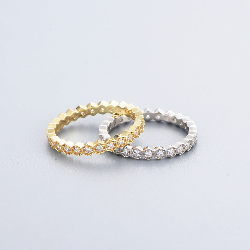 S925 Silver Hexagonal Zirconia Ring Set - Trendy Stackable Band for Women