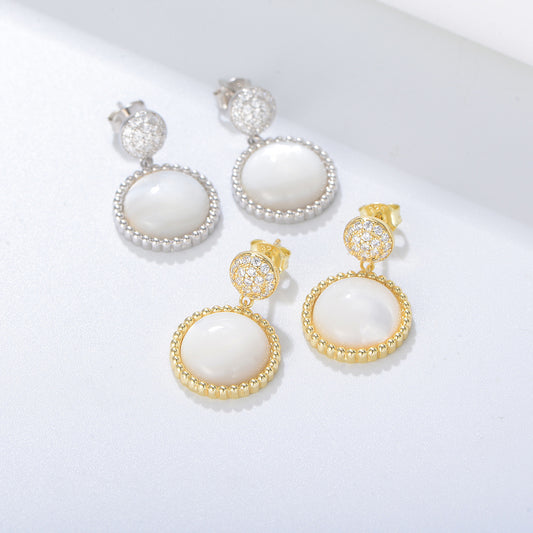 925 Sterling Silver Vintage Minimalist Shell Earrings, Sparkling Zirconia Jewelry