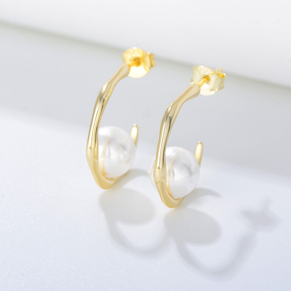925 Sterling Silver Geometric C-Shape Shell Pearl Stud Earrings, Minimalist Jewelry