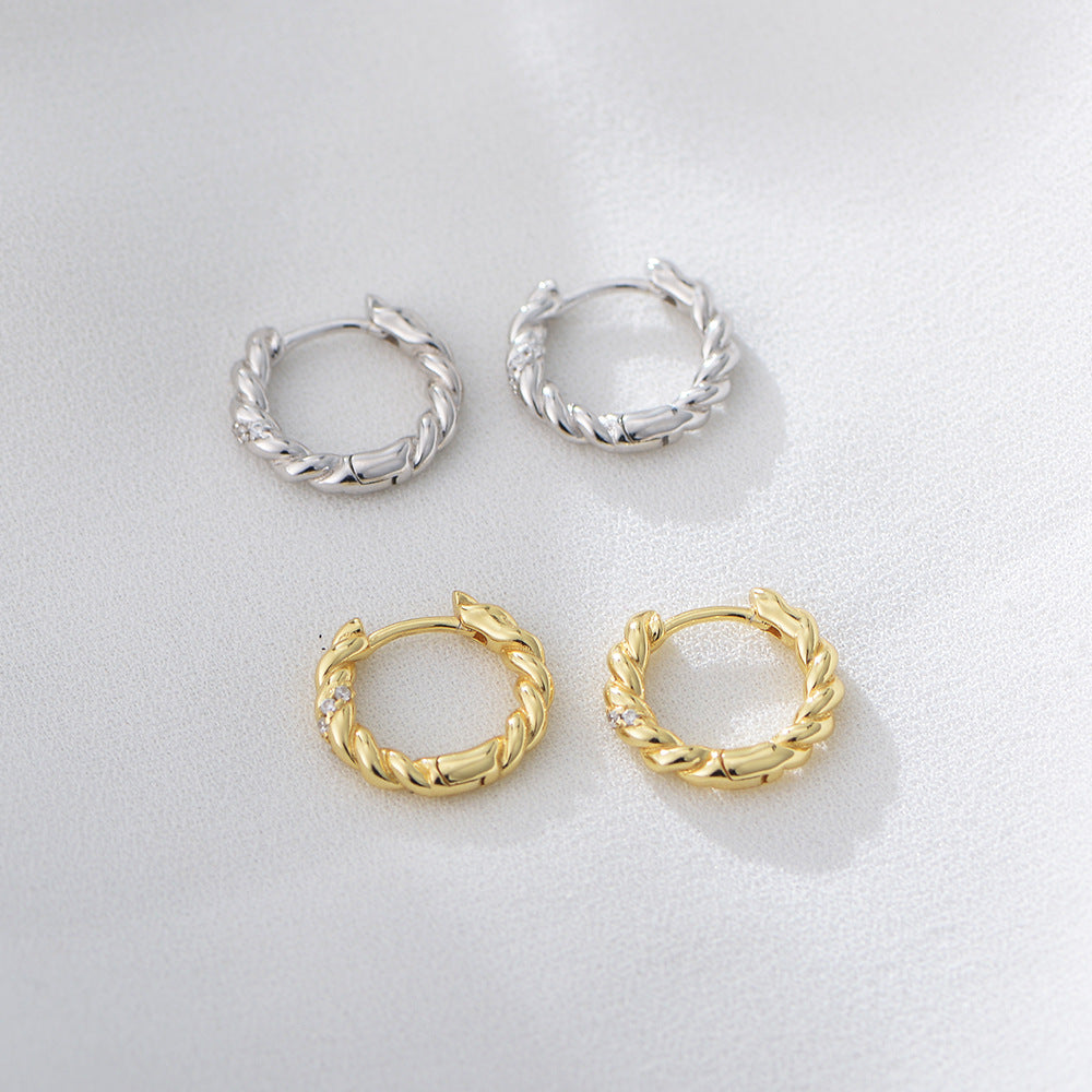 925 Sterling Silver Twisted Rope Hoop Earrings, Gold Plated Zirconia Huggie Hoops, Minimalist Geometric Ear Buckles, Hypoallergenic Jewelry for Women