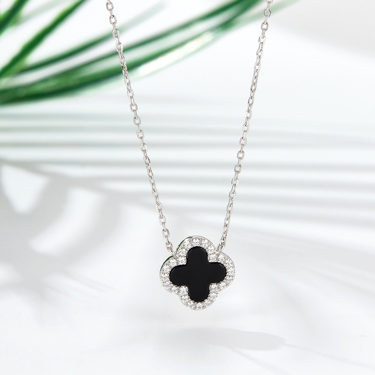 Four Leaf Clover Necklace & Earrings Set - Sterling Silver Black Agate Jewelry Gift