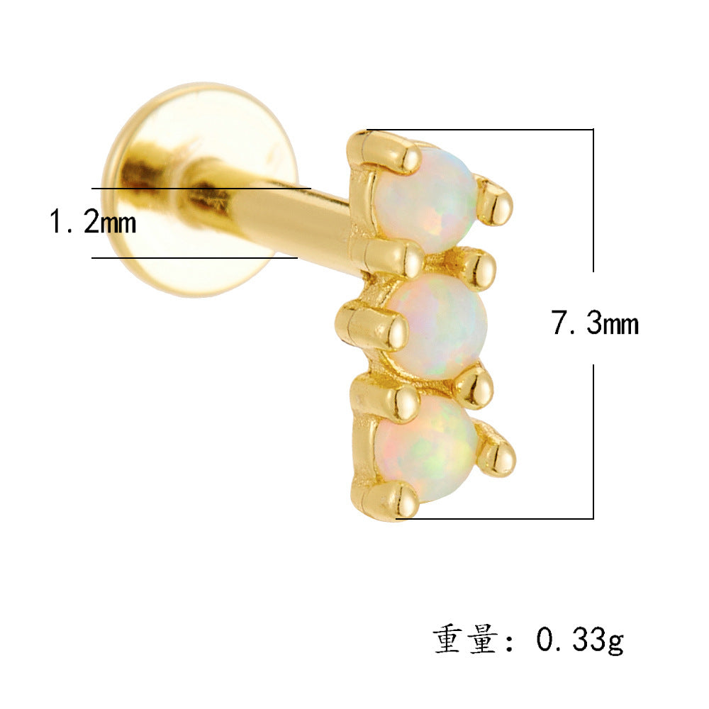 925 Sterling Silver Geometric Opal Labret Stud, Threaded Cartilage Piercing High-End Trendy Jewelry