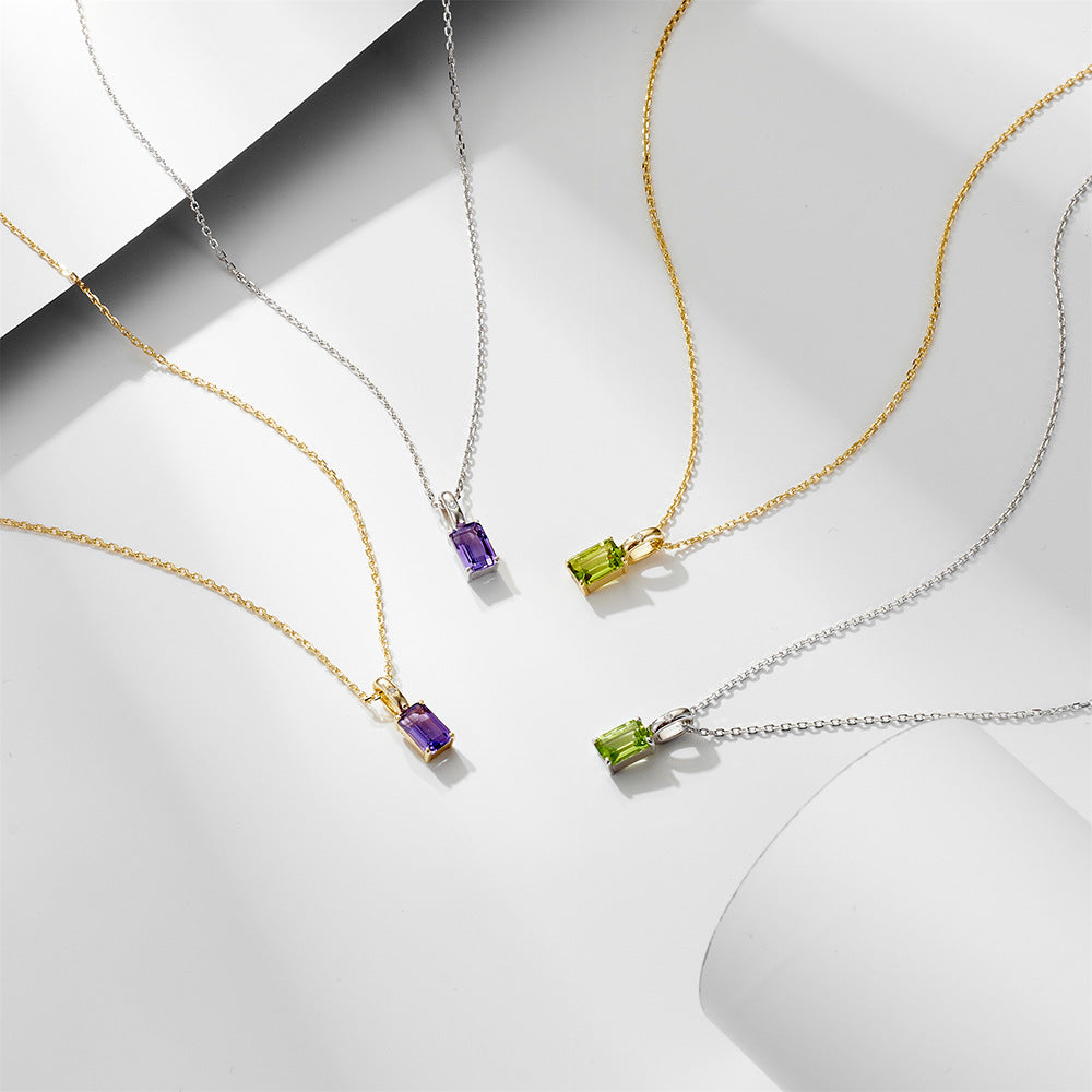 925 Sterling Silver Natural Amethyst & Peridot Pendant Necklace, Minimalist Light Luxury Color Gemstone Jewelry