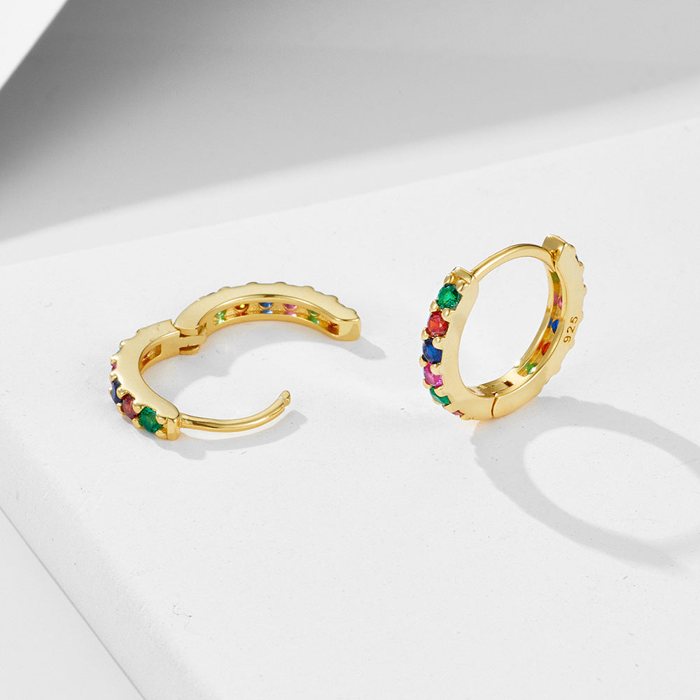 925 Sterling Silver Rainbow Zirconia Huggie Hoop Earrings