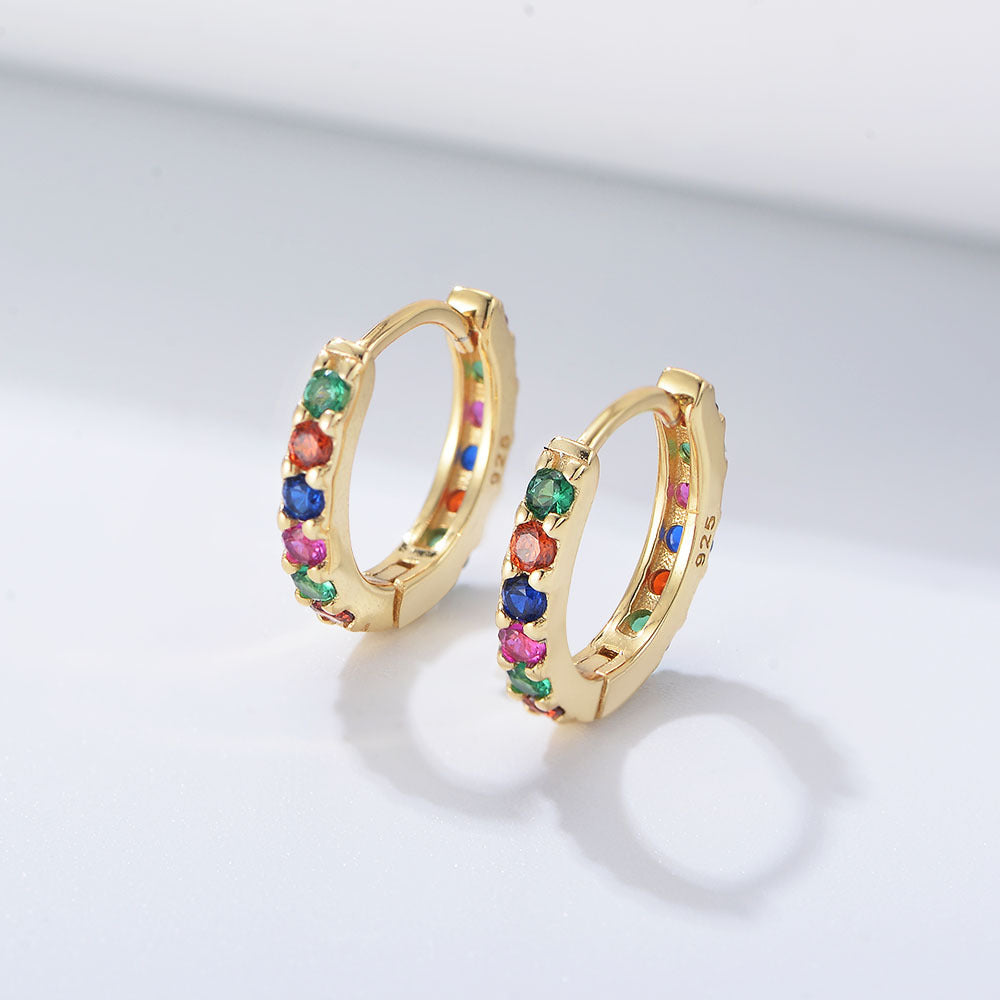 925 Sterling Silver Rainbow Zirconia Huggie Hoop Earrings