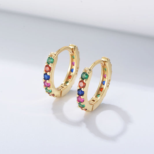 925 Sterling Silver Rainbow Zirconia Huggie Hoop Earrings