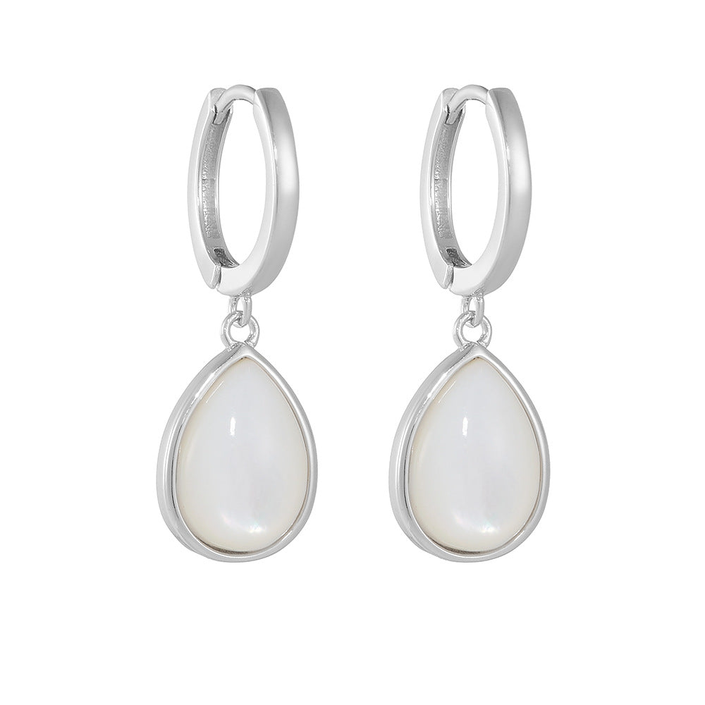 925 Sterling Silver Teardrop Natural White Shell Earrings, Minimalist High-End Dangle Jewelry