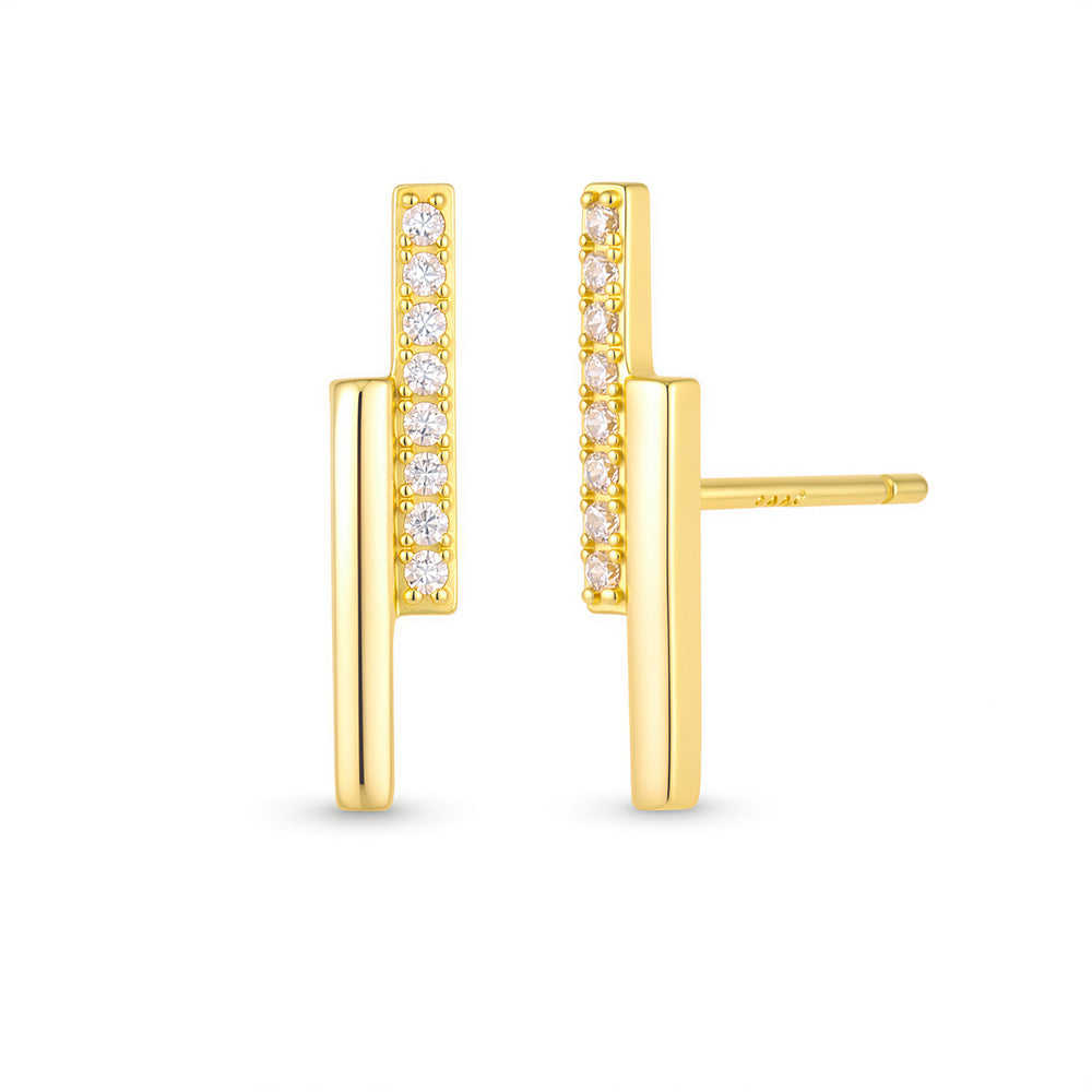 925 Sterling Silver Minimalist Double-Row Bar Stud Earrings, Geometric Line Pave Zirconia Jewelry