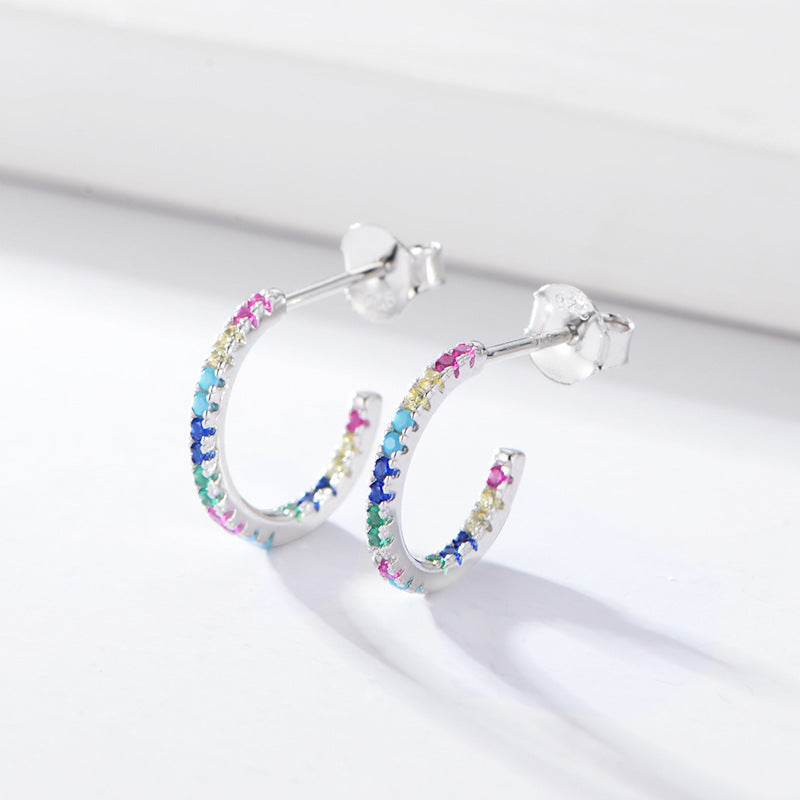 S925 Silver Rainbow C-Shape Earrings, Micro-Pave Zirconia Half Hoops for Women