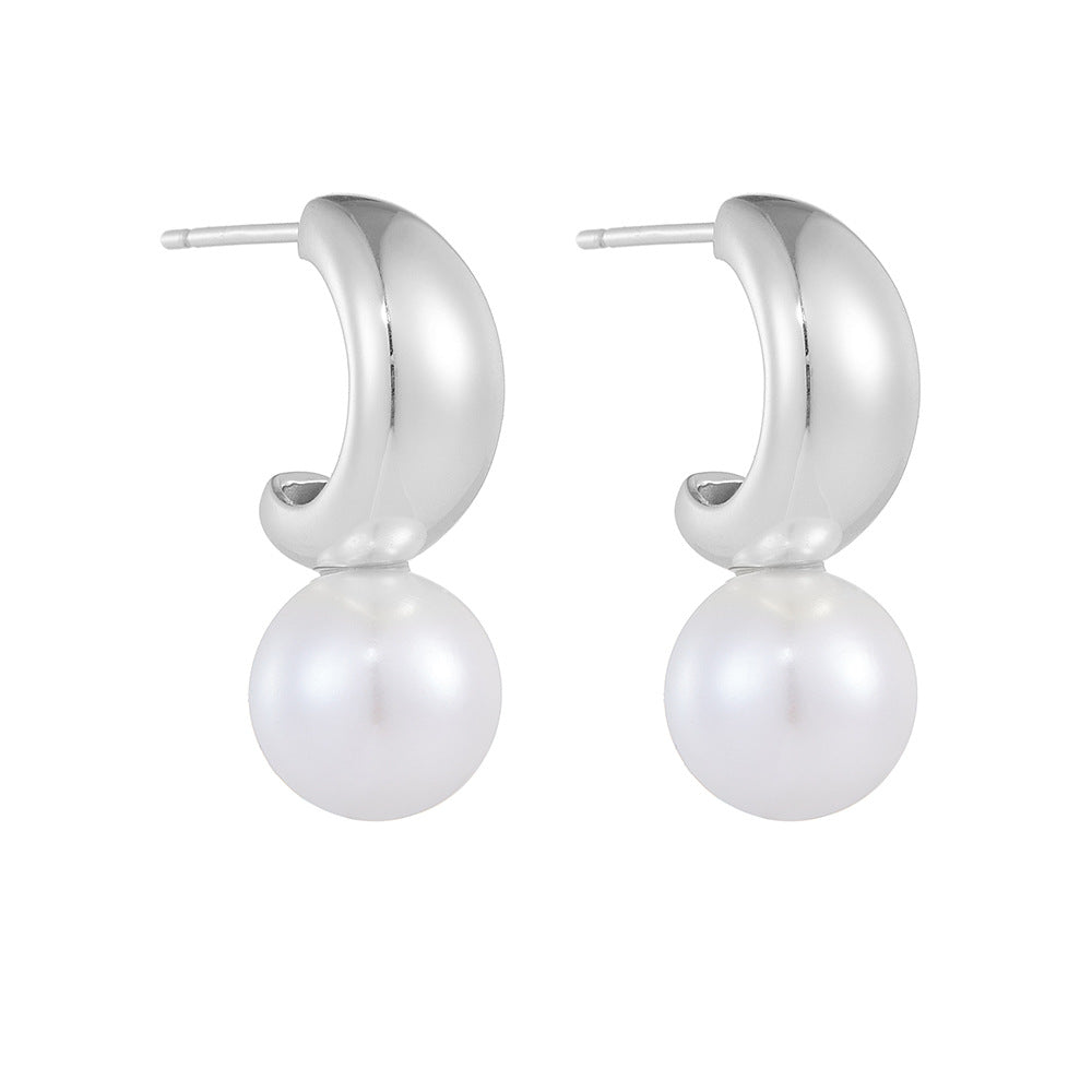 Sterling Silver Unique C-Shape Pearl Studs for Women, Luxury Vintage Ins Style