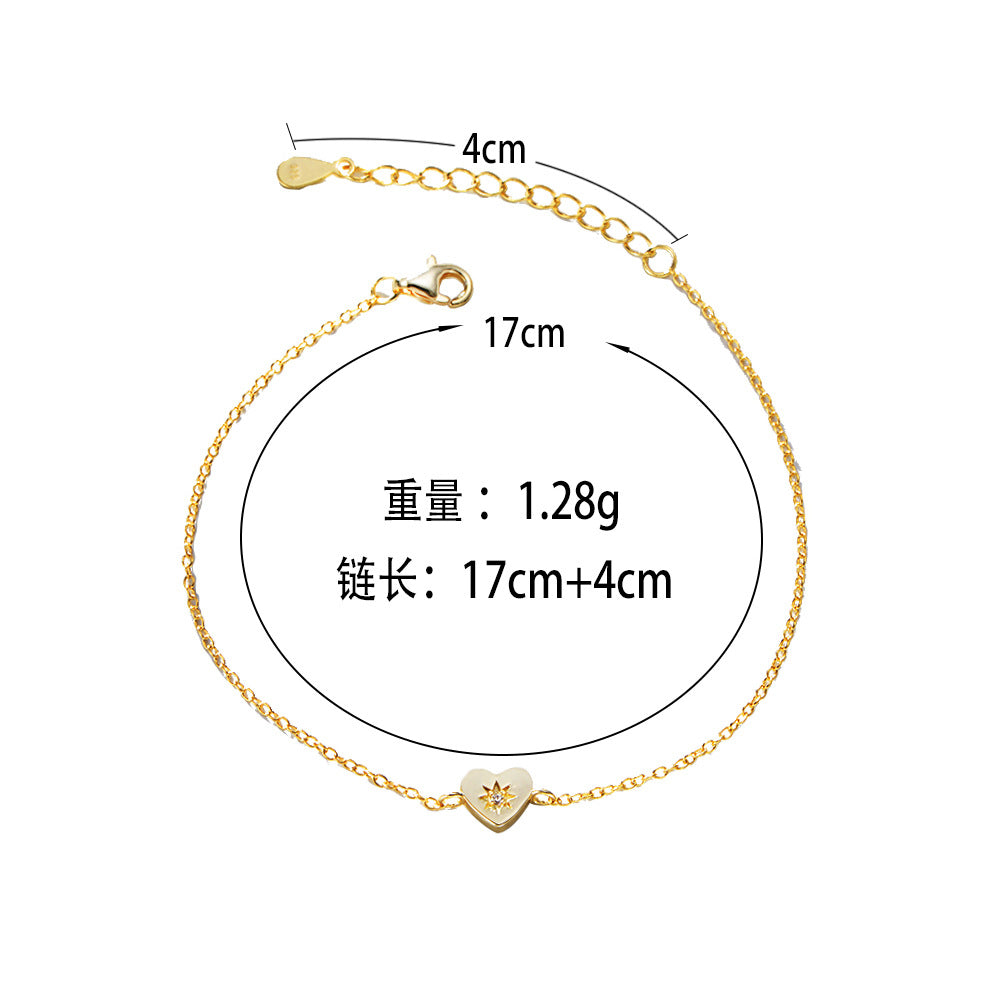 925 Sterling Silver 14K Gold Plated Heart Bracelet, Minimalist High-End Love Charm Jewelry