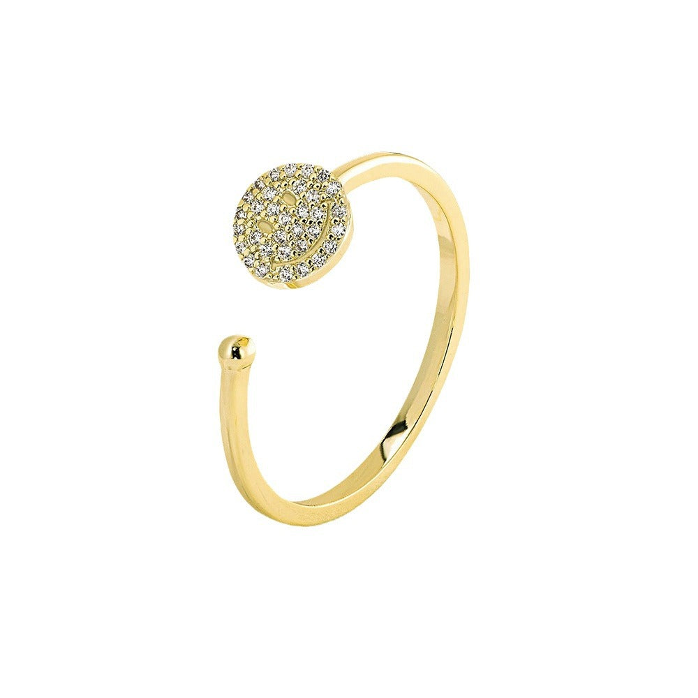 S925 Silver Modern Sparkling Smiley Ring - Adjustable High-End Aesthetic Band