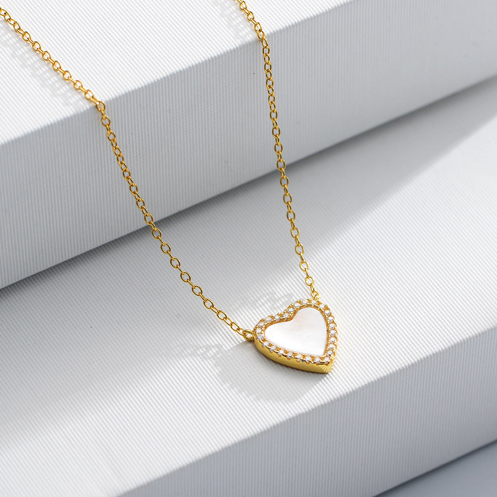 925 Sterling Silver Heart Shell Pendant Necklace, Sparkling Zirconia Jewelry