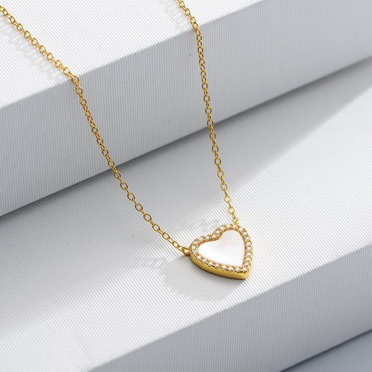 925 Sterling Silver Heart Shell Pendant Necklace, Sparkling Zirconia Jewelry