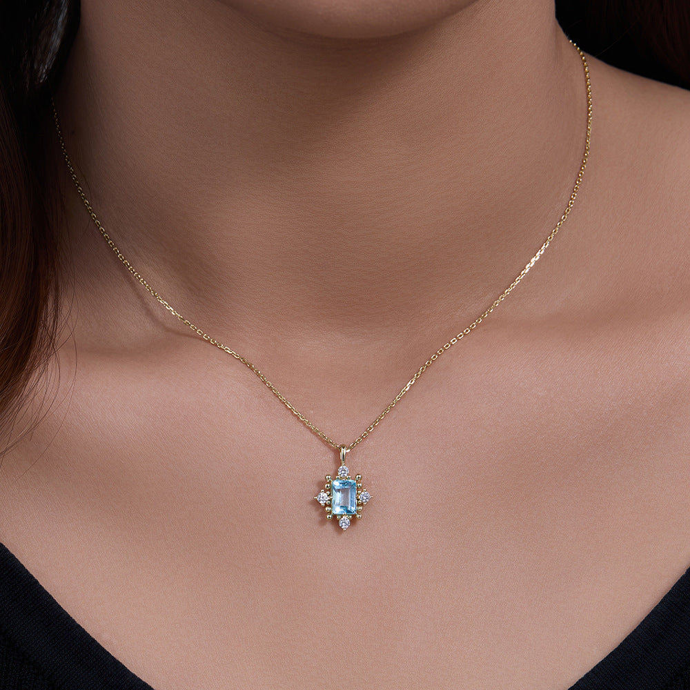 925 Sterling Silver Natural Sky Blue Topaz Necklace, Vintage Light Luxury Design Jewelry
