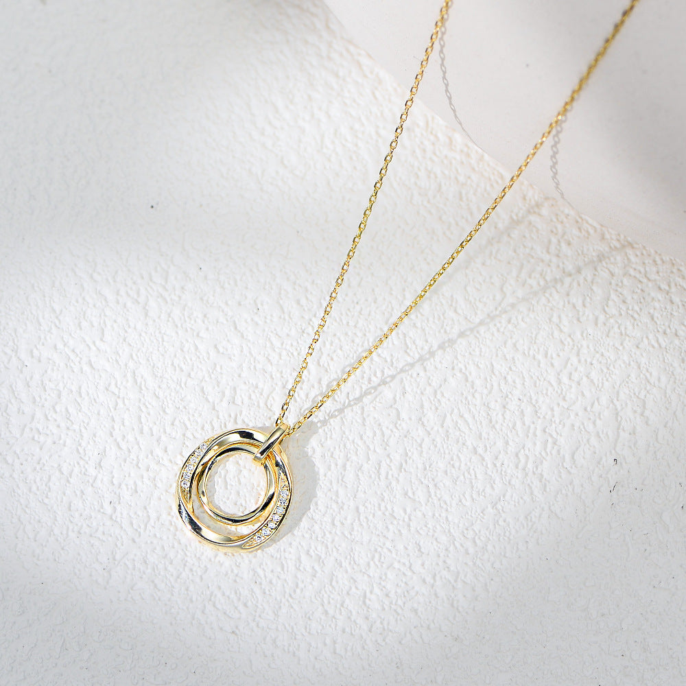 925 Sterling Silver Interlocking Double Circle Pave Zirconia Necklace, Vintage High-End Jewelry
