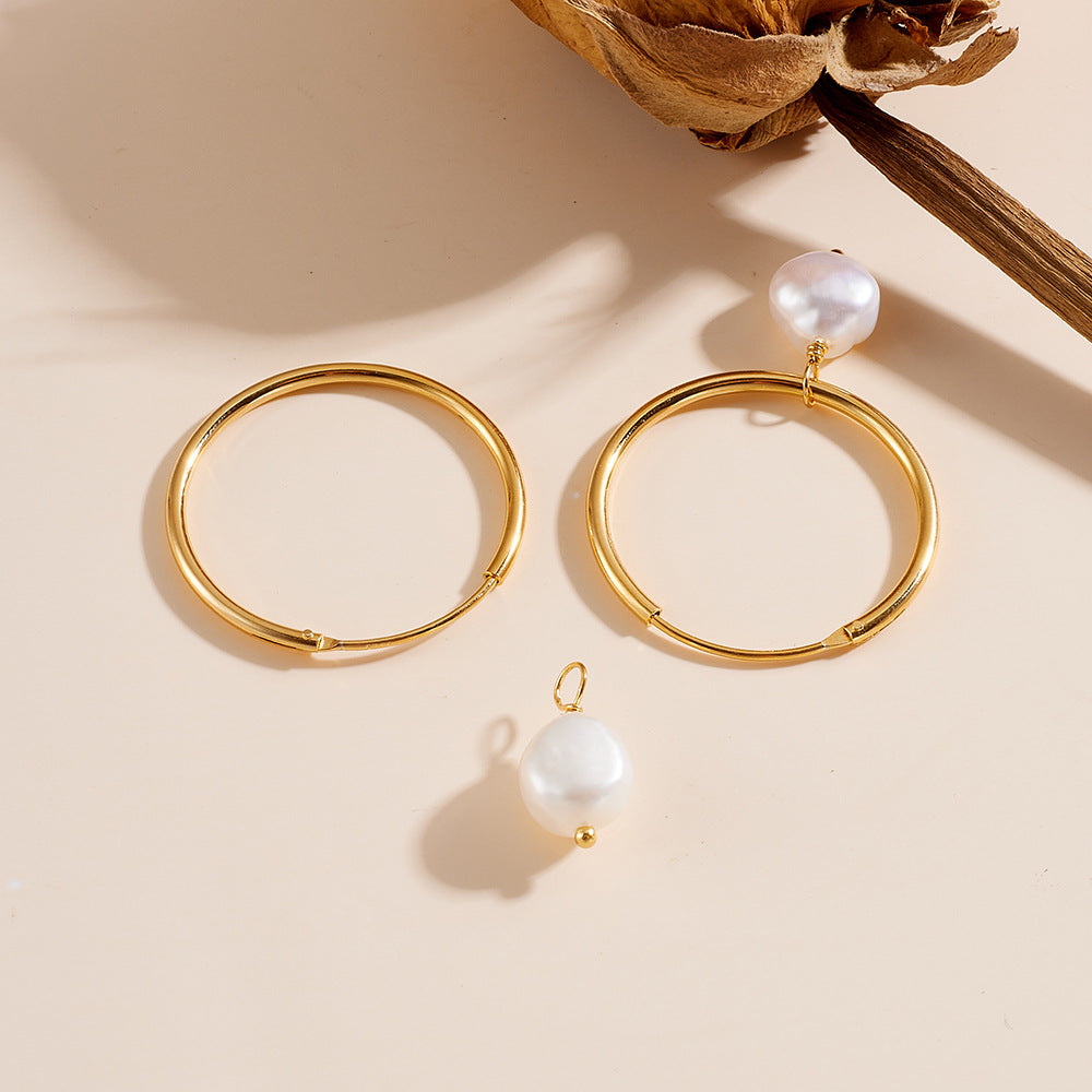 925 Sterling Silver Natural Freshwater Pearl Hoop Earrings, Minimalist High-End Vintage Jewelry