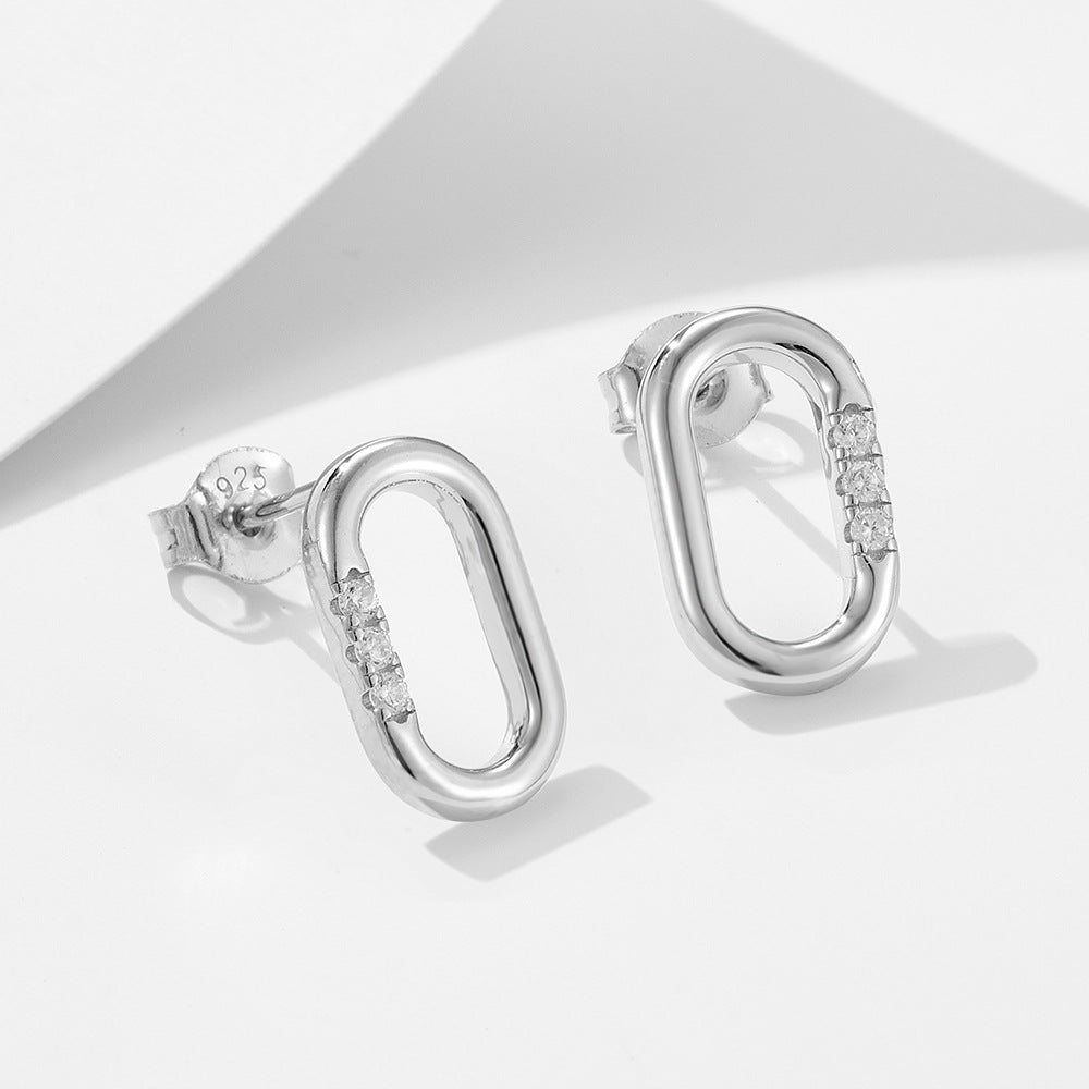 925 Sterling Silver U-Shape Hoop Earrings, Rectangular Zirconia Studs for Women, Minimalist Geometric Oval Ear Buckles