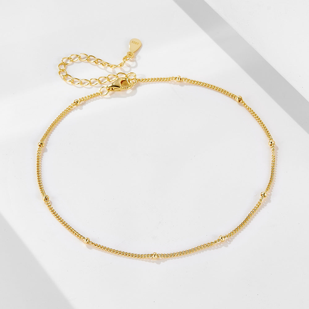 925 Sterling Silver 14K Gold Plated Tiny Bead Anklet, Retro Classic Minimalist Foot Jewelry