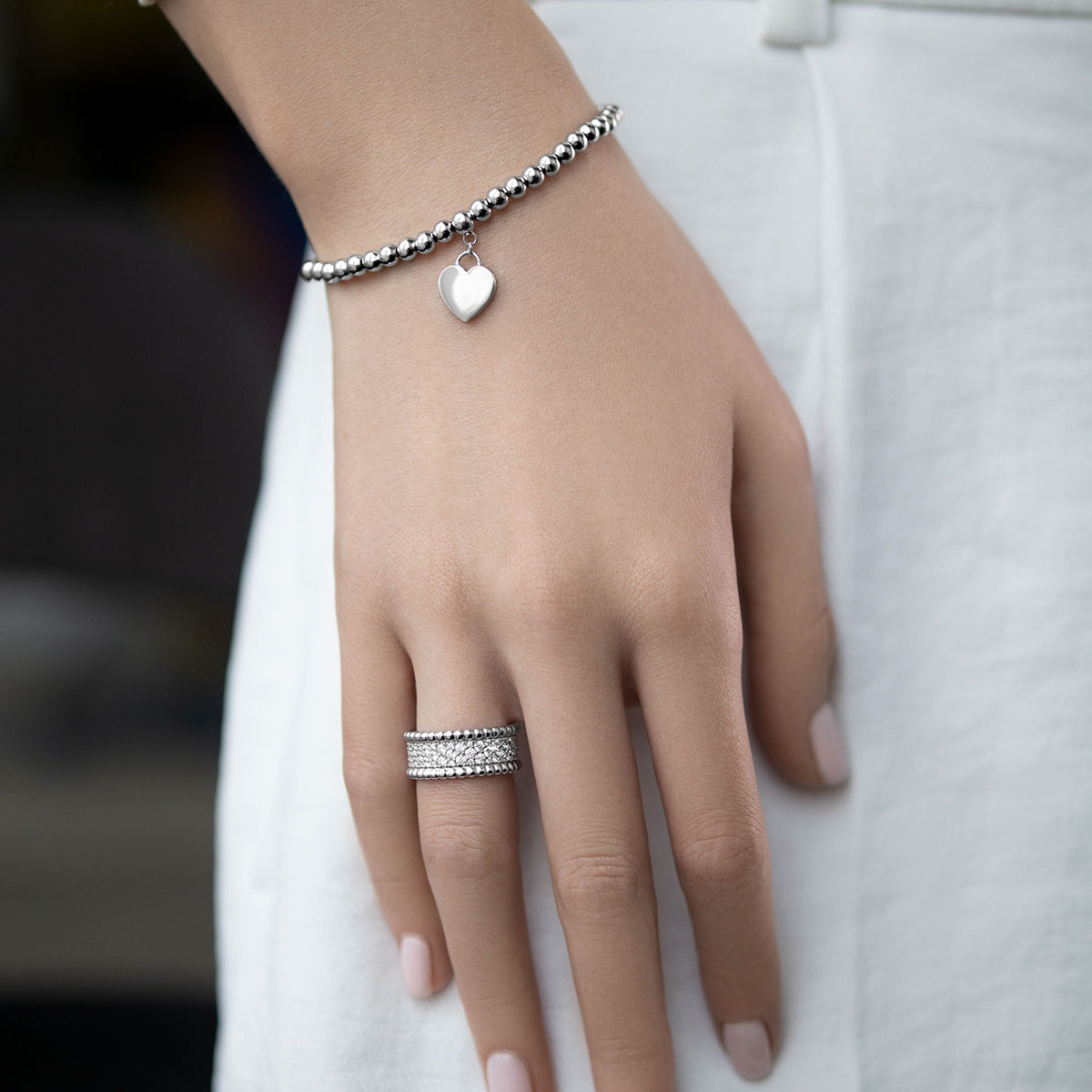 Heart Beaded Bracelet - 925 Silver Detailed Pendant Chain Wholesale