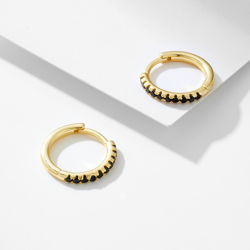 925 Sterling Silver Micro-Pave Black Zirconia Round Hoop Earrings, Minimalist Geometric Jewelry