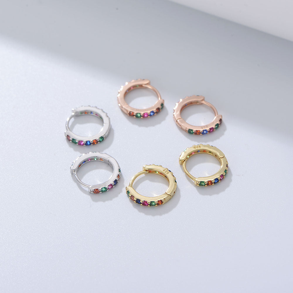 925 Sterling Silver Rainbow Zirconia Huggie Hoop Earrings