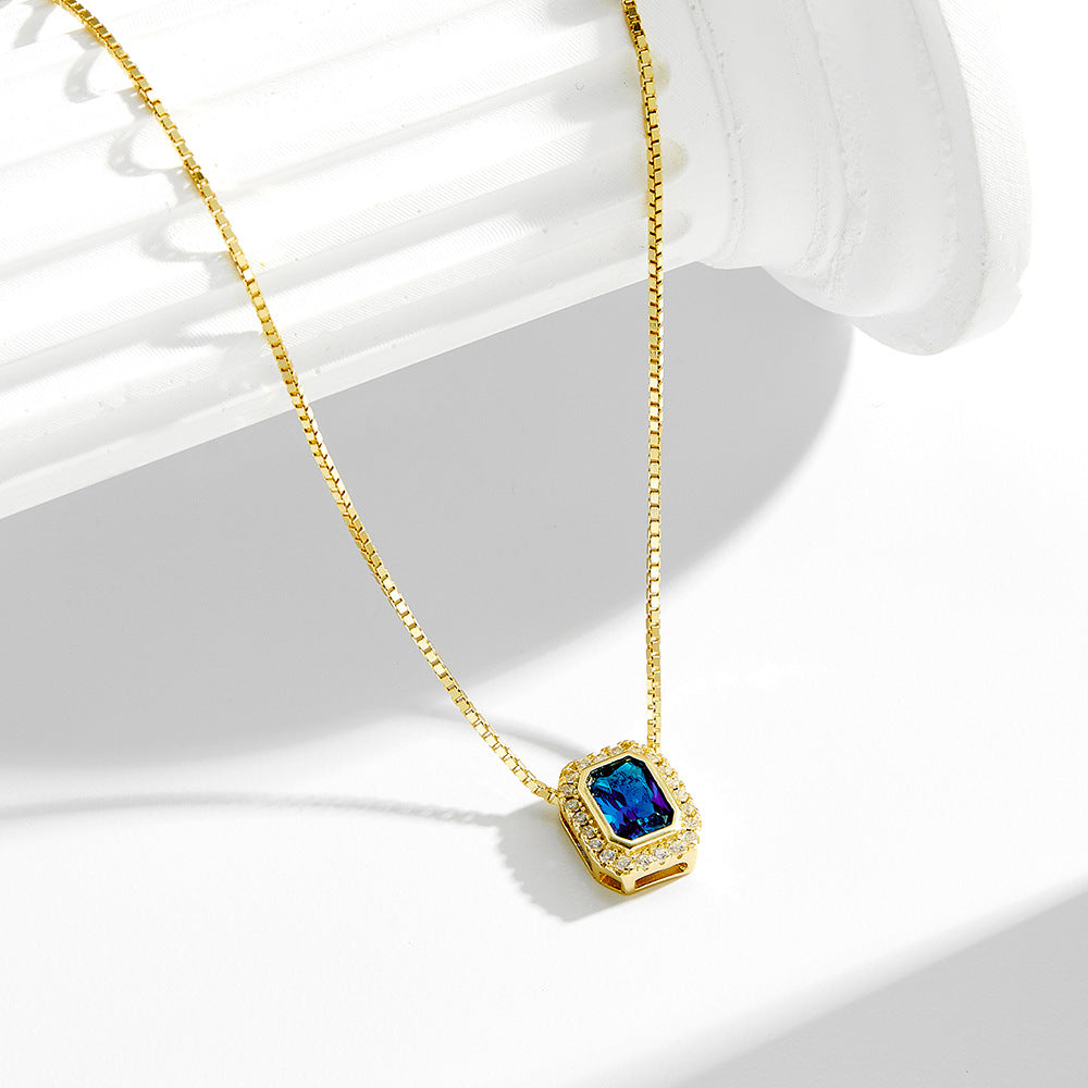 925 Sterling Silver Square Blue Zirconia Pendant Necklace, French Light Luxury High-End Jewelry