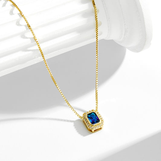 925 Sterling Silver Square Blue Zirconia Pendant Necklace, French Light Luxury High-End Jewelry