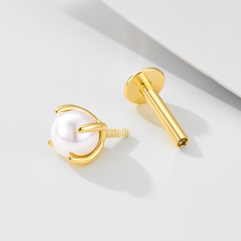 925 Sterling Silver Classic Pearl Flat-Back Labret Stud, Minimalist Threaded Piercing Jewelry